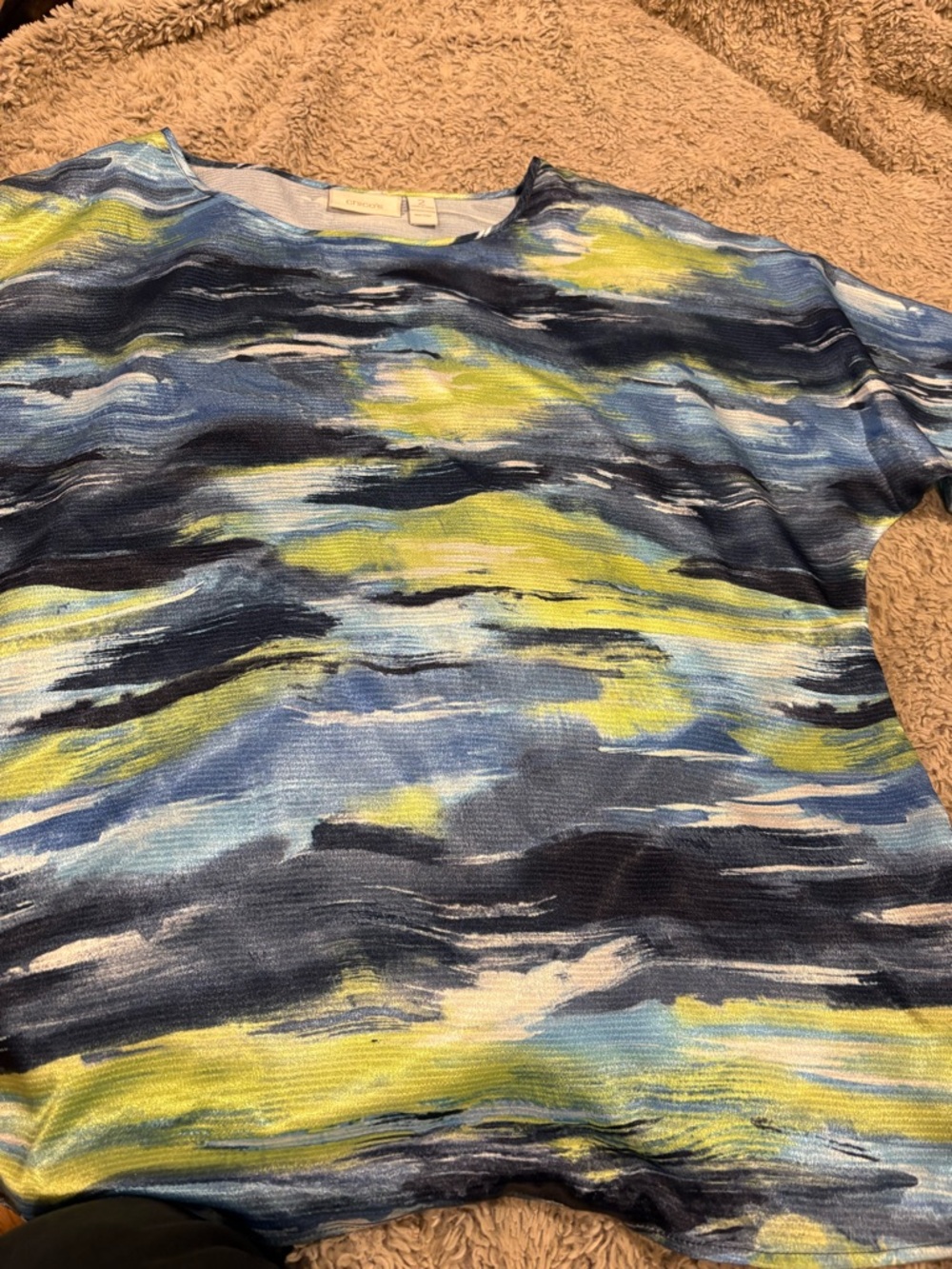 Chico's Navy, Blue & Lime Abstract Crewneck Top